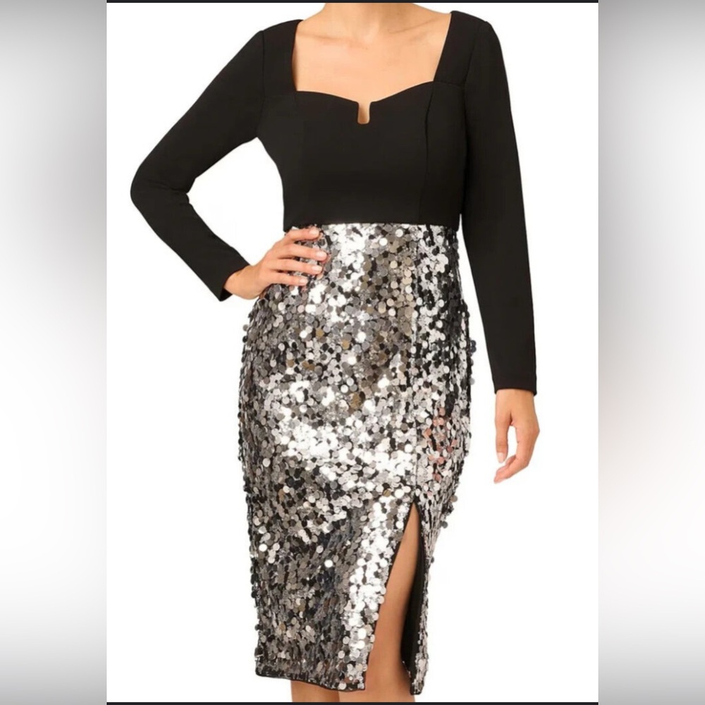 Adrianna Papell Black and Silver Sequin Long Sleeve Sheath Dress